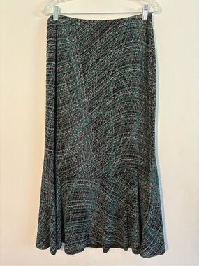 Choices Size L Black Green Abstract Print Pull-On A-Line Midi Skirt Made in USA